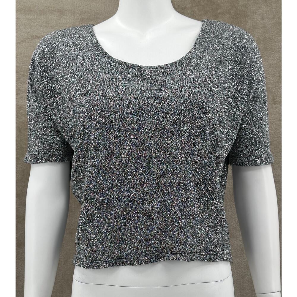 Express Top‎ Womens Small Silver Metallic Short Sleeve Crop NYE Swiftie Party